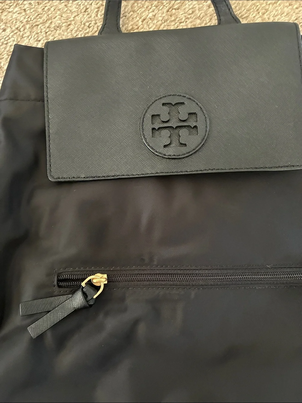 Tory Burch Black Nylon Logo Flap Backpack